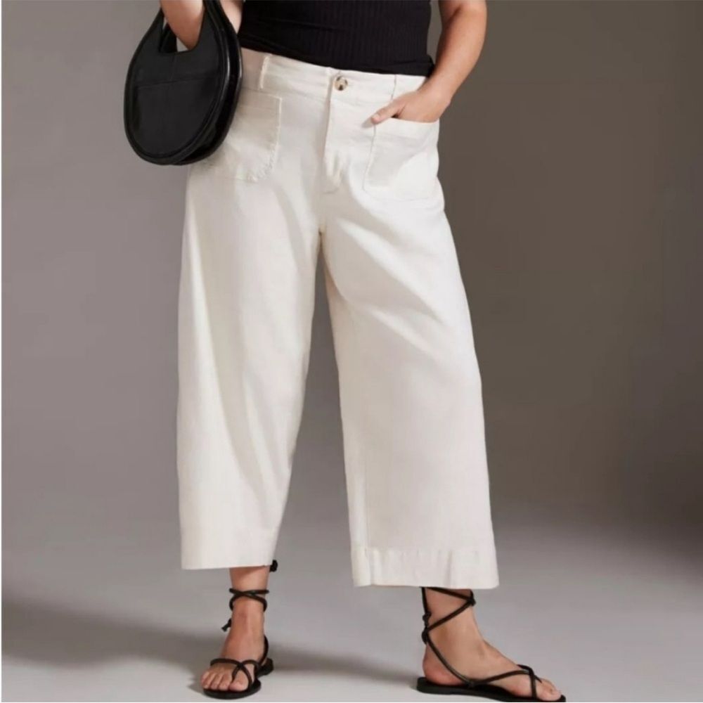 Anthropologie Maeve The Collette Linen Blend Cream Wide-Leg Cropped Pants Boho